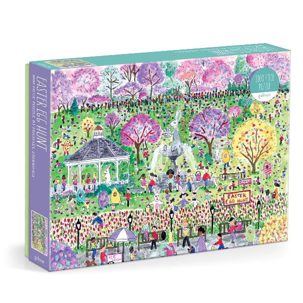pastel puzzle box. the cover shows an illustration of an Easter egg hunt in a park