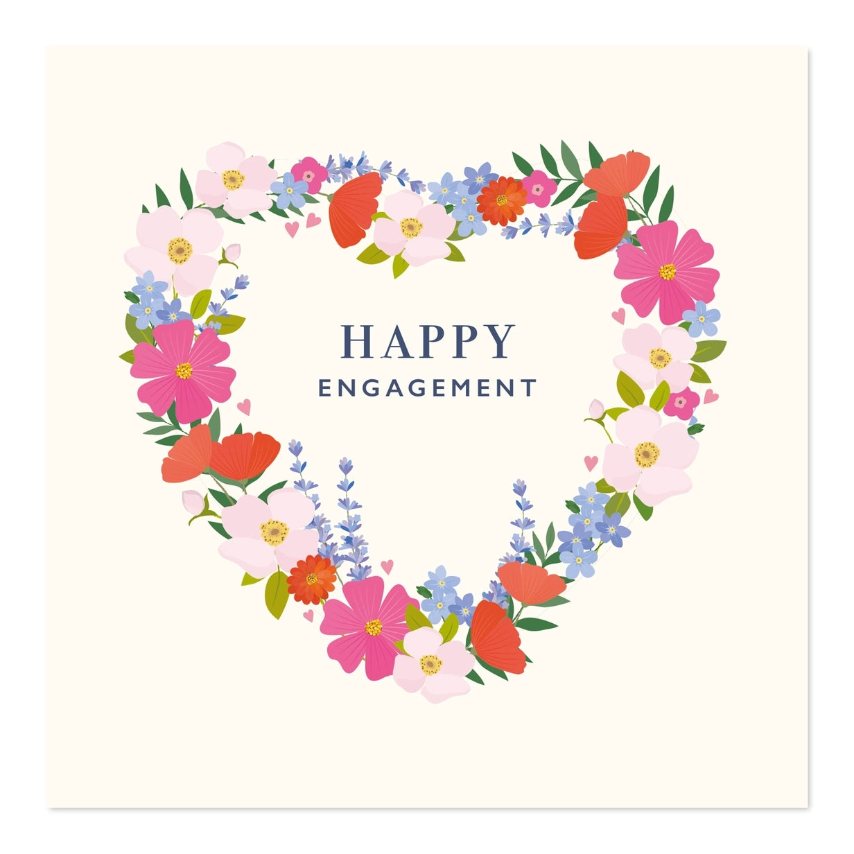 Greeting card featuring a colourful floral wreath in the shape of a heart on a white background. The text 'Happy Engagement' sits inside the wreath.