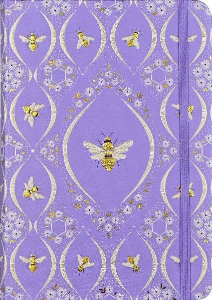 lavender notebook with a darker elastic. cute bumblebee and tiny flower pattern on the cover. peter pauper product