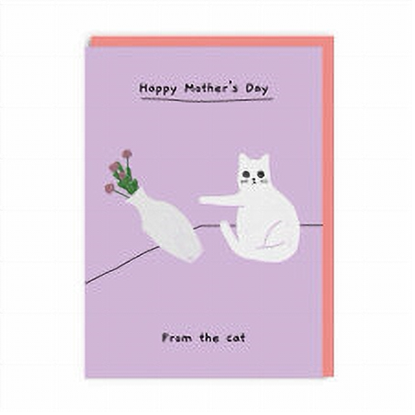A purple greeting card with an illustration of a white cat knocking a vase of flowers over, with the text 'Happy Mother's Day' and 'From the cat' on it.