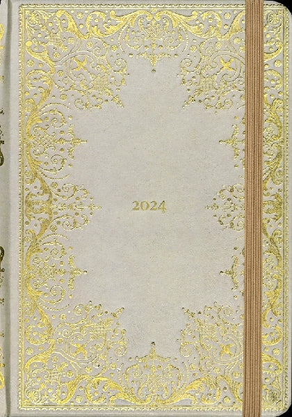 ivory notebook with intricate gold designs on its cover. a darker gold elastic band secures the notebook vertially. 2024 is written in gold at the centre of the cover