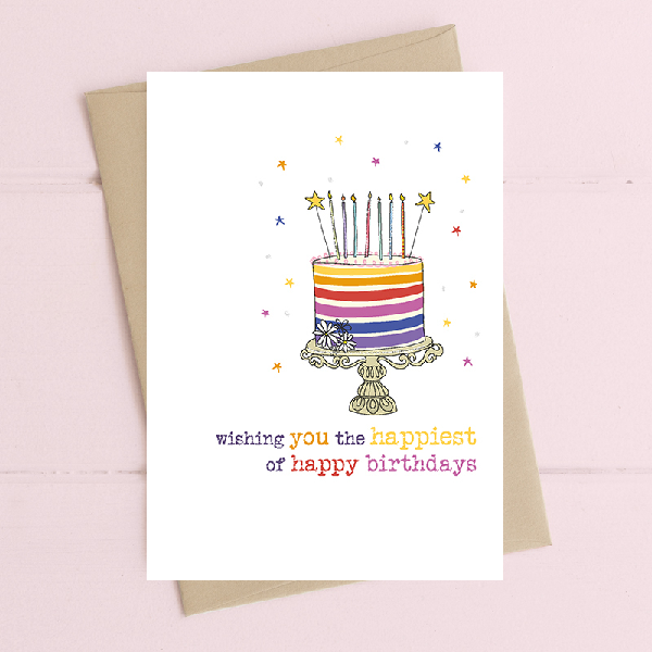 white birthday card with a colourful, striped naked cake with long candles. text below reads "wishing you the happiest of happy birthdays"