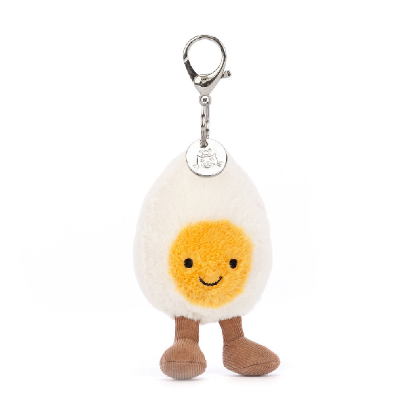 adorably soft bag charm of a smiling egg with legs by popular brand Jellycat.