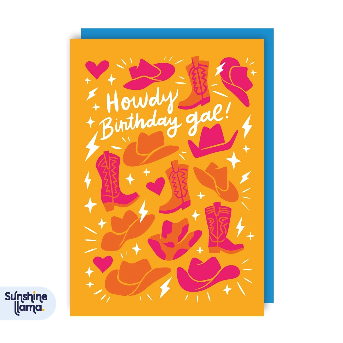 Greeting card featuring illustrations of cowboy hats and boots on a yellow background, featuring the text 'Howdy Birthday gal'.