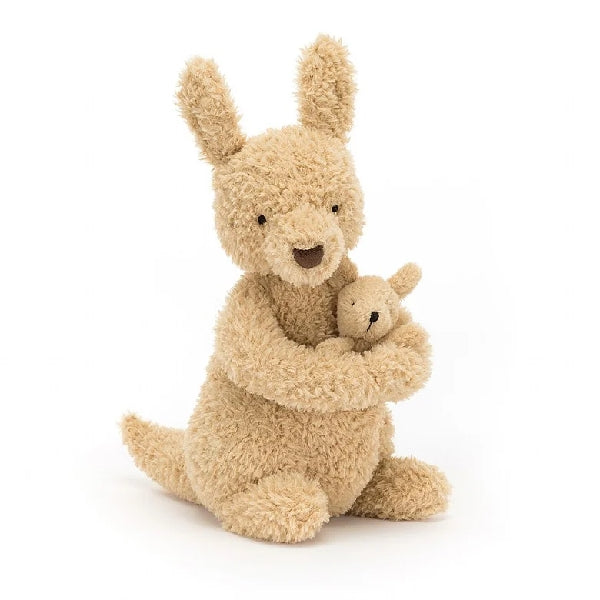 adorably soft plushie of a kangaroo holding her baby by popular brand Jellycat.