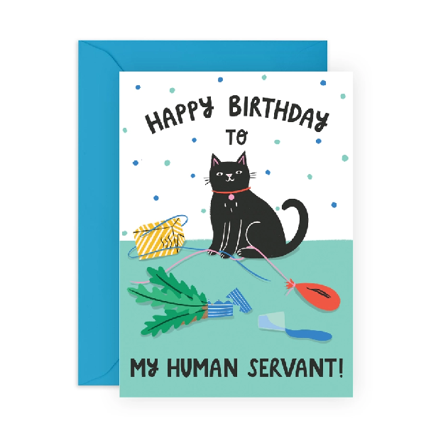 birthday card with an illustration of a black cat sitting in front of a broken plant vase, a fallen cup of water, a pierced balloon, and an untied gift box. top text reads "happy birthday to" and bottom text reads "my human servant!"