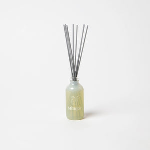 Glass container with reeds on a white background