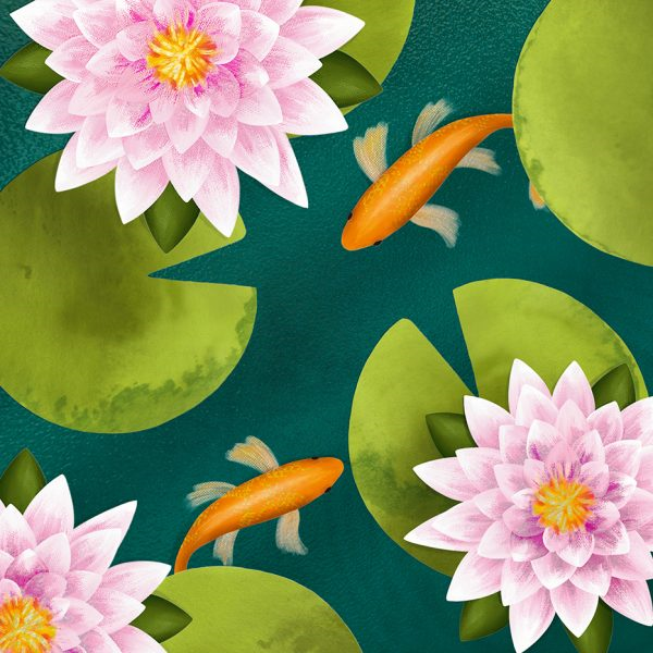 square greeting card with an illustrated, birds-eye view of orange koi fish swimming between pink water lilies and lily pads