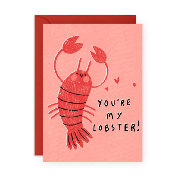 pink love card. there's a smiling lobster on the left. right side text reads "you're my lobster!" under three tiny hearts