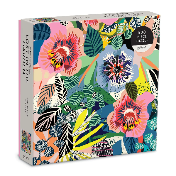 grey puzzle box. the covers shows an illustration of bold, patterned flowers