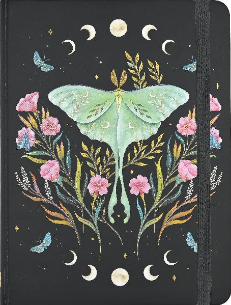 black notebook with a black elastic. the cover shows a mirrored and centred illustration of a luna moth with pink flowers, gold leaves, and moon phases. peter pauper product.