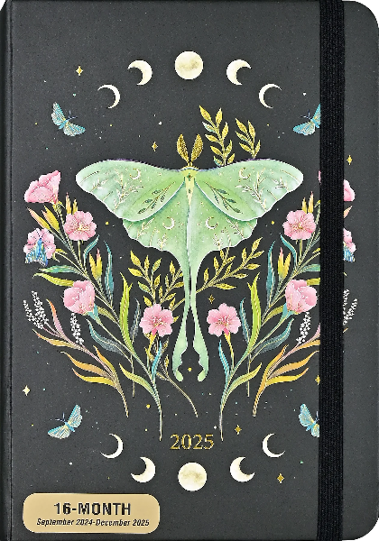 black notebook with a black elastic. the cover shows a mirrored and centred illustration of a luna moth with pink flowers, gold leaves, and moon phases. bottom centre text reads "2025" in gold. bottom left corner sticker text reads "16-month september 2024-december 2025". peter pauper product.