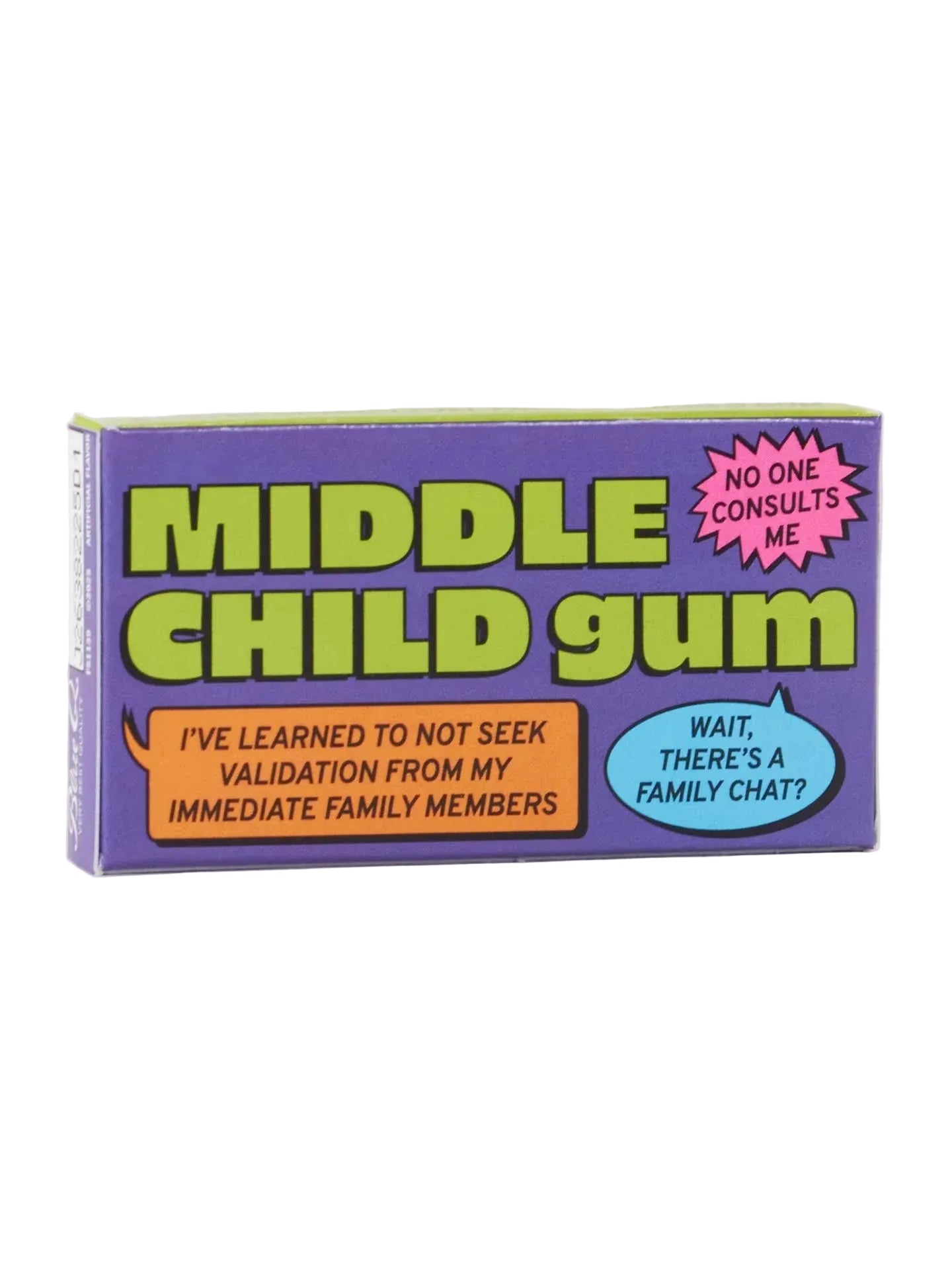 Box of 'Middle Child Gum' with humorous text on a white background