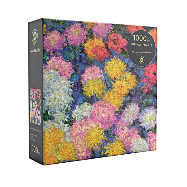 Puzzle box with colorful floral design and 'paperbanks' branding on a white background. 