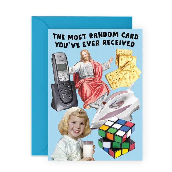 light blue card with pictures of a phone, jesus, soda crackers, clothing iron, rubiks cute, a white girl with milk collaged together. top wavy text reads "the most random card you've ever received"