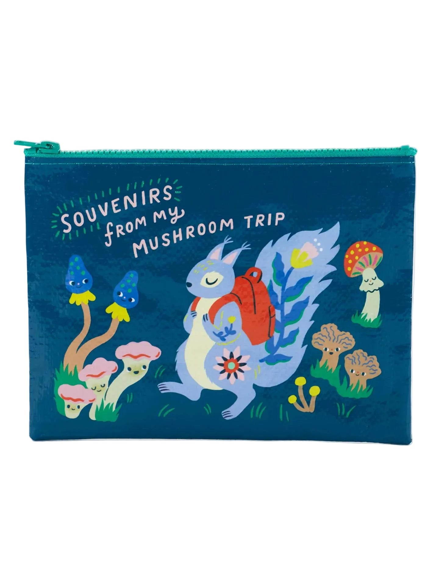 Blue zipper pouch with the words 'souvenirs from my mushroom trip' and illustrations of a squirrel and smiling mushrooms on a white background