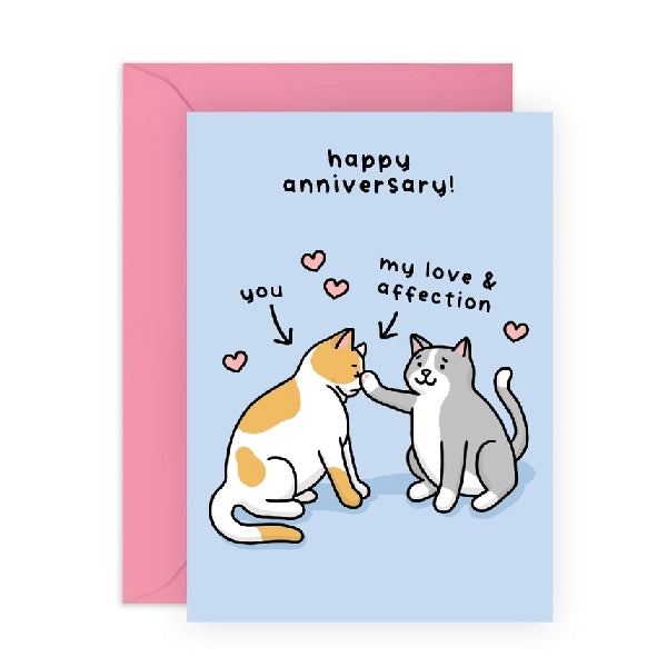 light blue birthday card. text reads "happy anniversary!" at the top. below is a drawing of a cat putting its paw on the face of another cat. an arrow points to the last cat with the text "you" while an arrow indicating the paw has the text "my love & affection"
