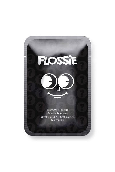 black rectangular bag with "Flossie" written in white and a cartoonish facial expression at the centre. the flavour of the candy is written in a smaller font below the smile.
