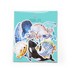 cute ocean life-themed sticker set including a pufferfish, a humpback whale, an octopus, and more.