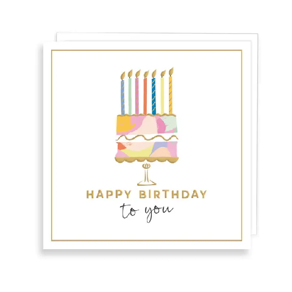 Birthday card. Colorful cake with candles above the text "happy birthday to you".