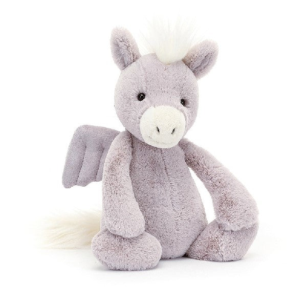 adorably soft plushie of a lilac pegasus with white accents by popular brand Jellycat.