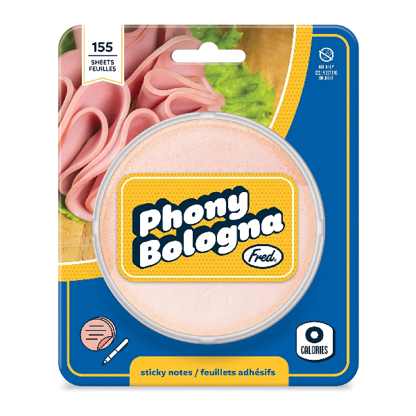 immitation bologna as round sticky notes in fake deli meat packaging