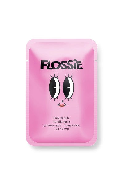 pink rectangular bag with "Flossie" written in black and a cartoonish facial expression at the centre. the flavour of the candy is written in a smaller font below the coy smile.