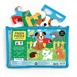 Pouch puzzle packaging with illustrations of animals in a garden scene on a white background.