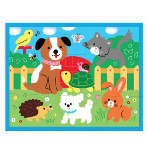 Completed pouch puzzle with illustrations of animals in a garden scene on a white background.