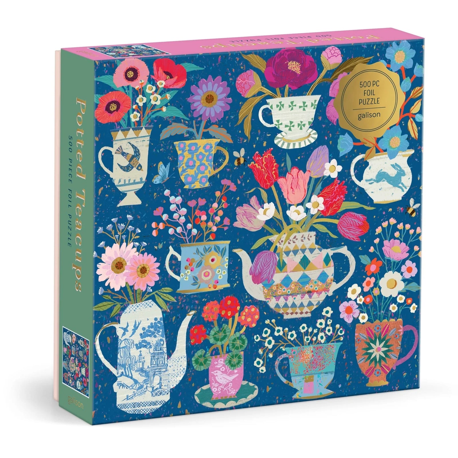 Gallison puzzle box with floral, teapot and teacup design on a white background.