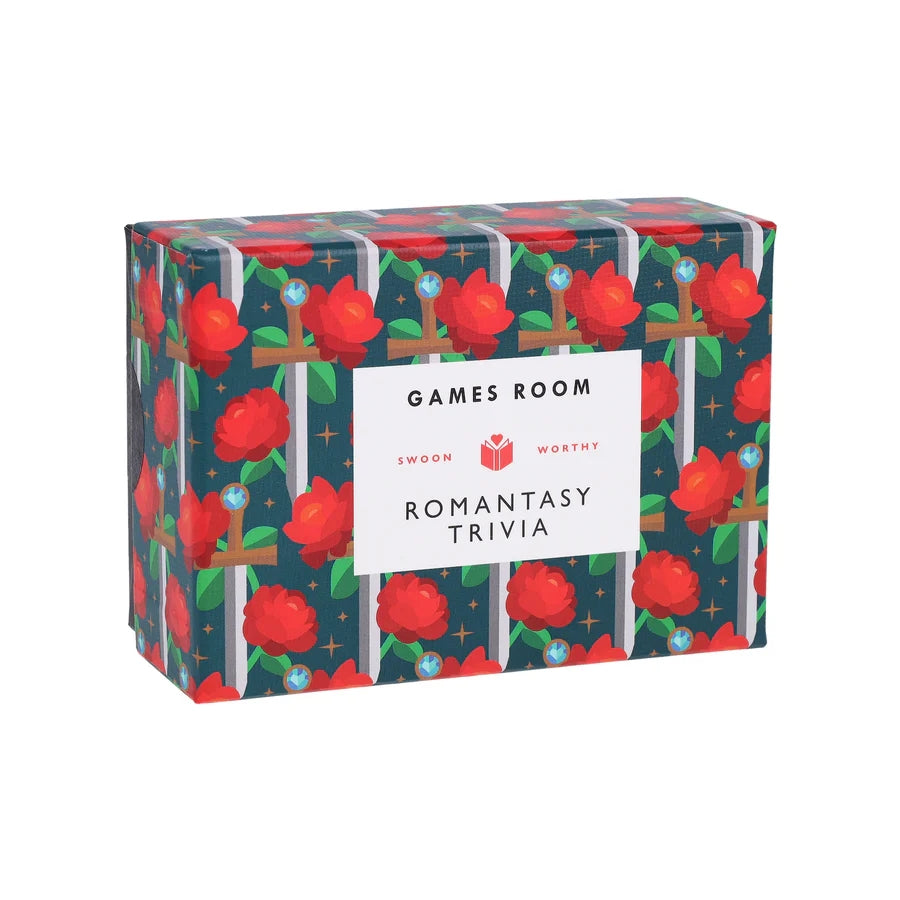 Box with an abstract print featuring roses and swords and the text  'Romantasy Trivia' on a white background.