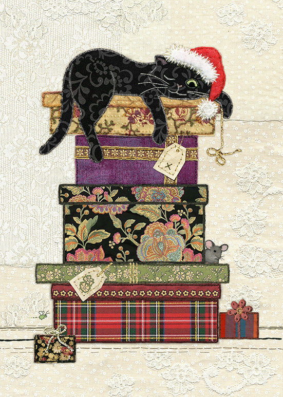 Cat on Presents Blank Christmas Card