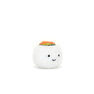 adorably soft plushie of a smiling uramaki sushi by popular brand Jellycat.