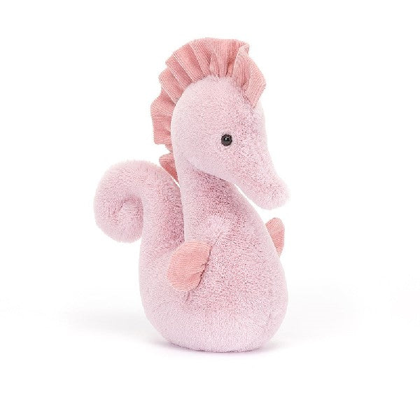 adorably soft plushie of a pink seahorse by popular brand Jellycat.