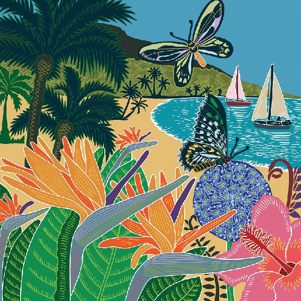colourful card with a palm tree beach landscape. butterflies, flowers, and tropical plants fill the forefront of the illustration