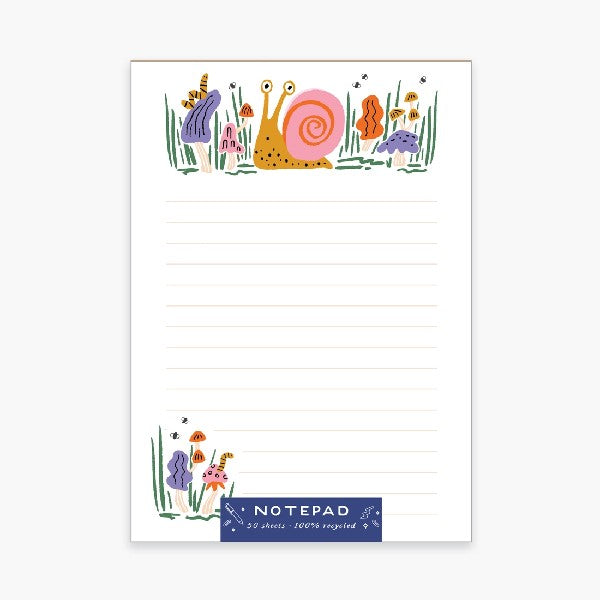 lined notepad with colourful illustrations of mushrooms and snails at the top and in the bottom left side