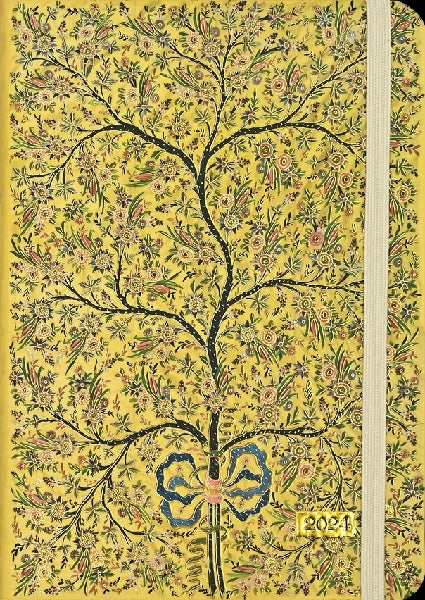 bright yellow notebook with a busy design of flowers all around a thin black tree. white elastic band secures the book vertically. bottom right text reads "2021" in gold box