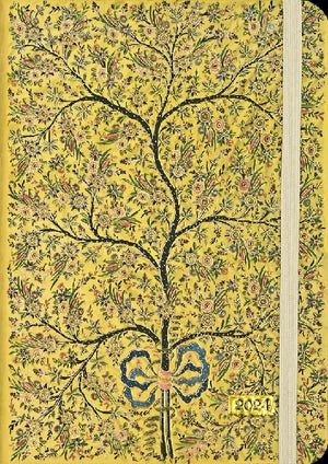 bright yellow notebook with a busy design of flowers all around a thin black tree. white elastic band secures the book vertically. bottom right text reads "2021" in gold box