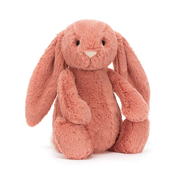 adorably soft plushie of a sitting salmon coloured bunny by popular brand Jellycat.