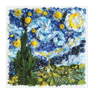 Finished puzzle featuring a design inspired by Van Gogh's Starry Night created by a flower petal arrangement. 