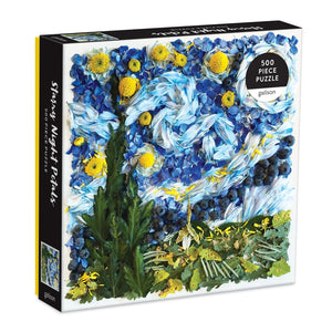 Puzzle box featuring a design inspired by Van Gogh's Starry Night created by a flower petal arrangement. The text 'Starry Night Petals' is printed on the side of the box. 