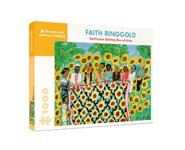 white puzzle box with yellow accents. the centre of the box has an image of black and brown people holding a blanket of sunflowers