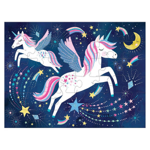 Completed puzzle with flying unicorn design on a blue background.
