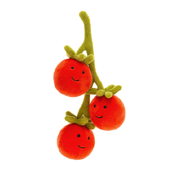 adorably soft plushie of a smiling trio of tiny tomatoes on the vine by popular brand Jellycat.