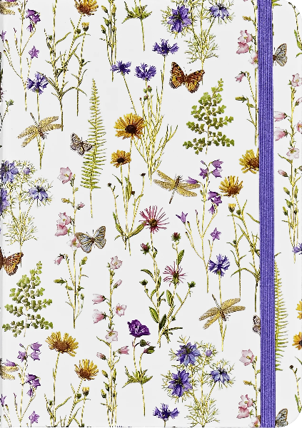 white notebook with a purple elastic. a pattern of butterflies, plants, and flowers is repeated on the cover