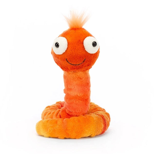 silly plushie of a beady-eyed orange worm by popular brand Jellycat.