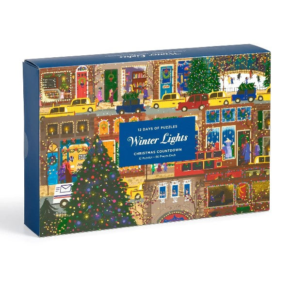 blue puzzle box. the cover shows an illustration of two shopping streets filled with cars and Christmas lights