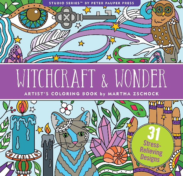 white activity book with a purple banner by peter pauper press. main text read "witchcraft & wonder artist's coloring book by martha zschock". behind the banner are doodles that include candles, gems, stars, and more 