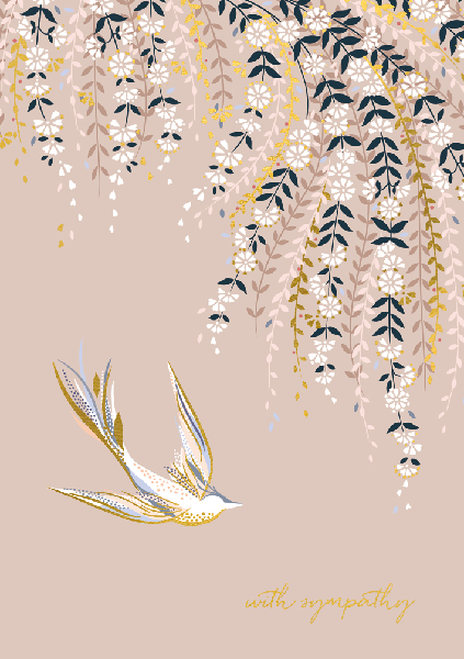 white, black, brown, gold, and yellow flower vines coming down a beige greeting card. a white bird with gold line art flies down bellow. "with sympathy" is written in gold at the bottom right of the card