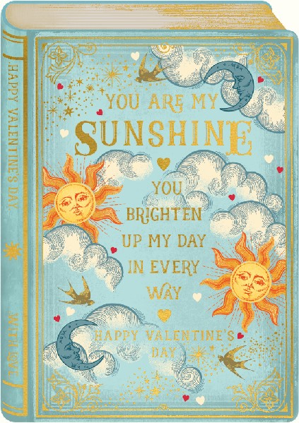light blue greeting card in the shape of an old-timey book (with the cover, the binding, and the pages viewed in perspective). "you are my sunshine, you brighten up my day in every way" and "happy valentine's day" are written in gold on the fake book cover. a design of clouds, suns, crescent moons, and gold birds fill the empty space of the fake book cover